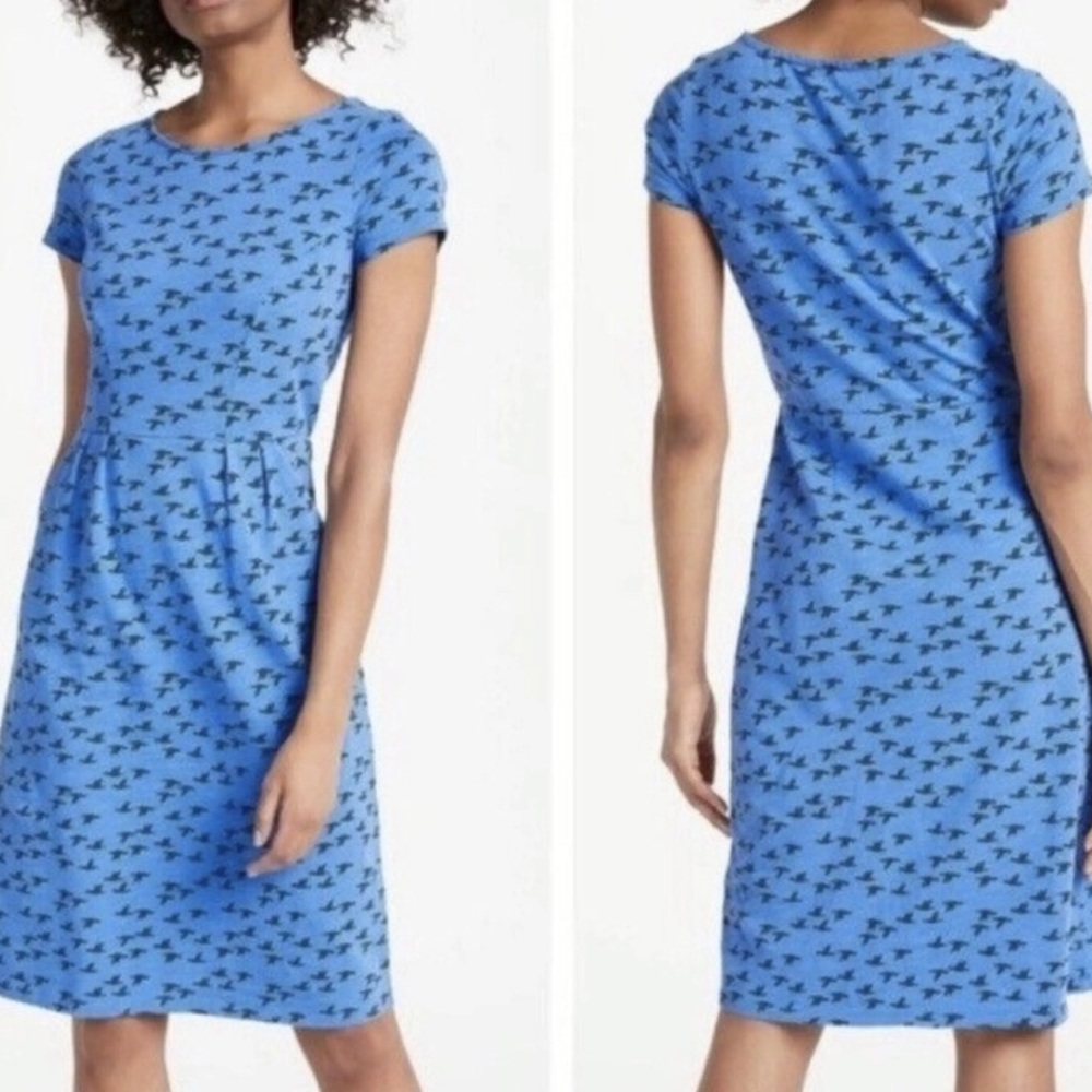 Boden blue phoebe bird print jersey sheath dress size 8 long 8L B164